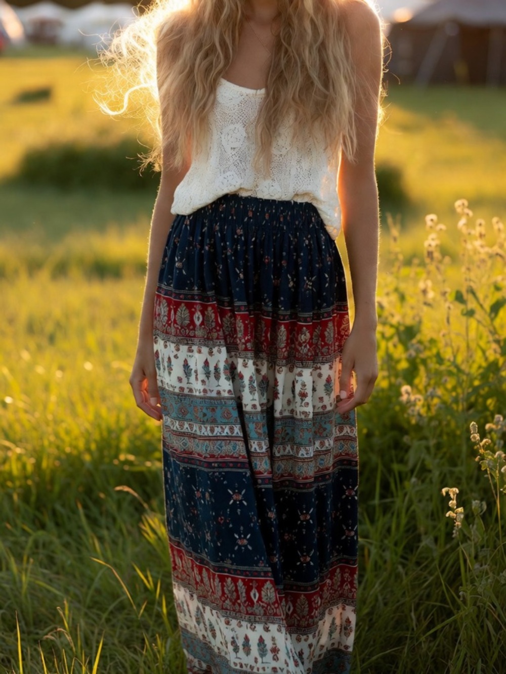 Boho‎ Navy and Red Printed Maxi Skirt